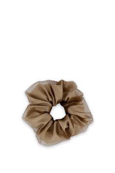 Шовкова резинка з декором із фатину карамельного-бежева SCRUNCHIE-TULLE-CARAMEL фото